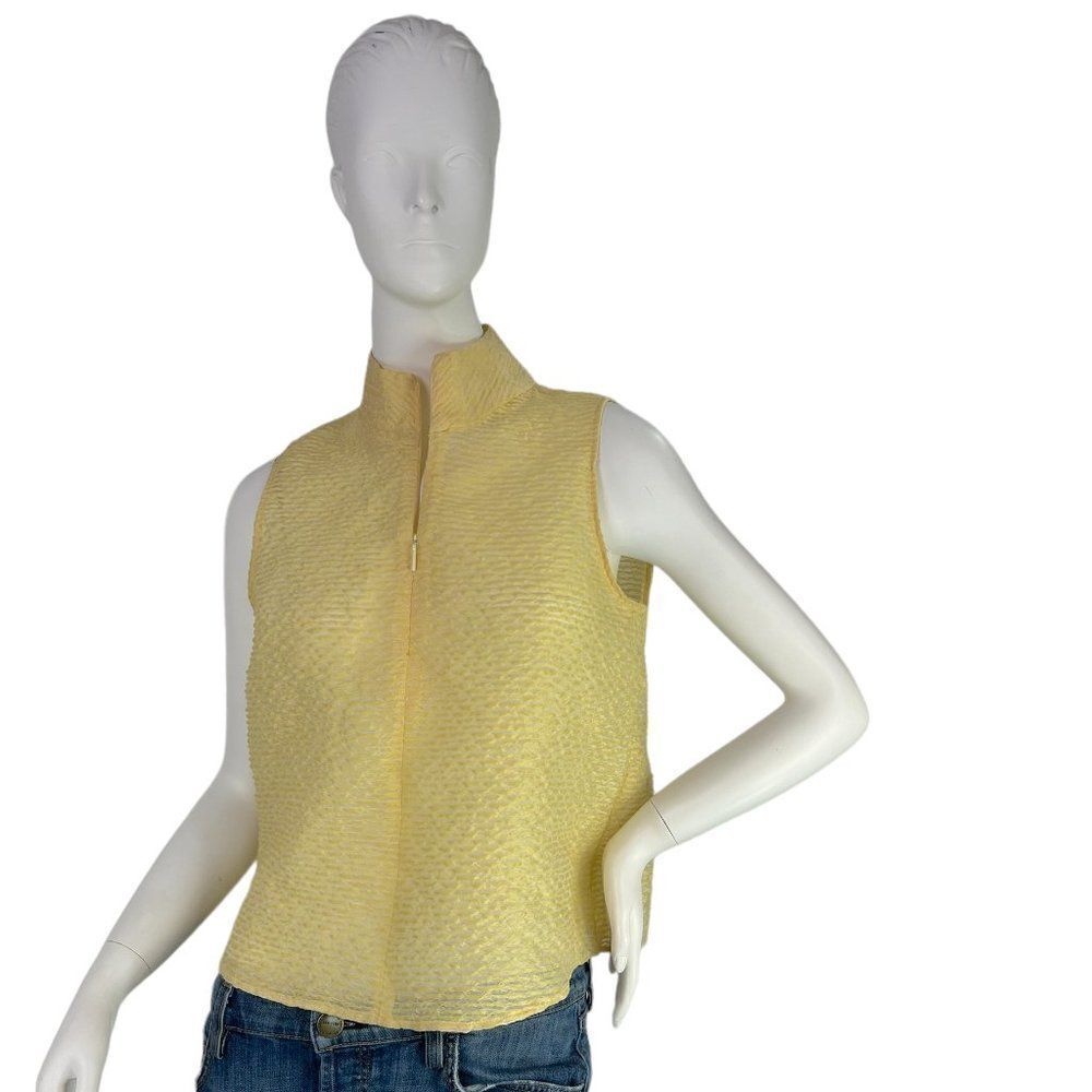 Mango Sleeveless Textured Mock-Neck Top in Pale Yellow